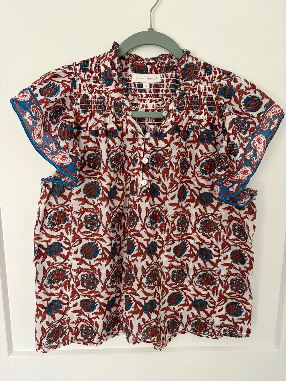 House of Harlow 1960 Red, Teal & White Floral Smocked Top - Small